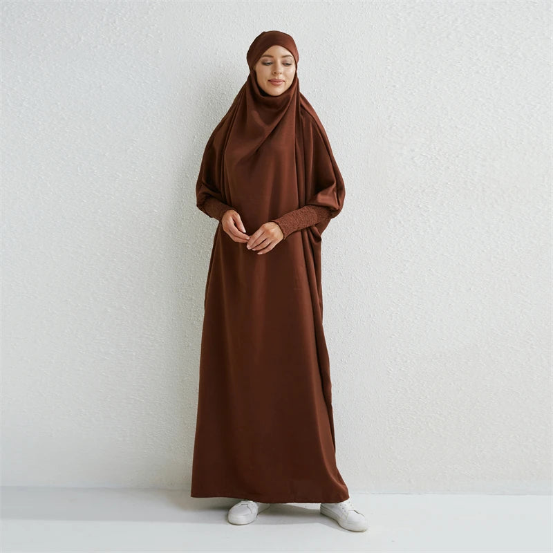 Muslim Abaya Hooded Smocking Sleeve One-piece Prayer Dress Women