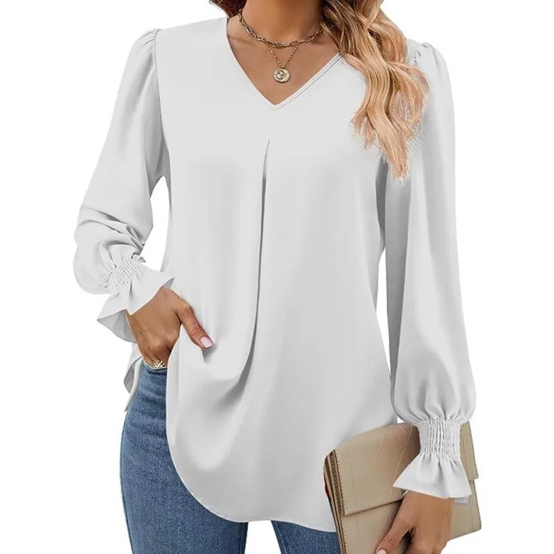 Women's New Solid Color Chiffon Shirt V-neck Pullover Flared Long