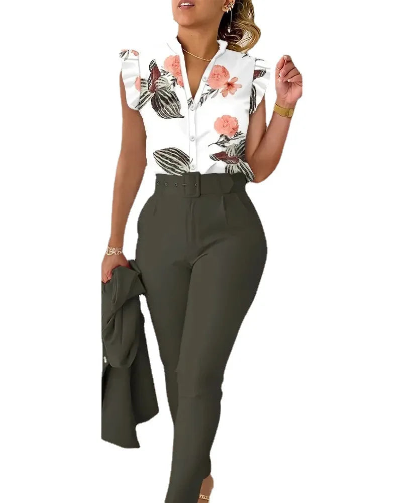 Summer Women's Flower Print Lotus Leaf Sleeve High Waist Pants Set