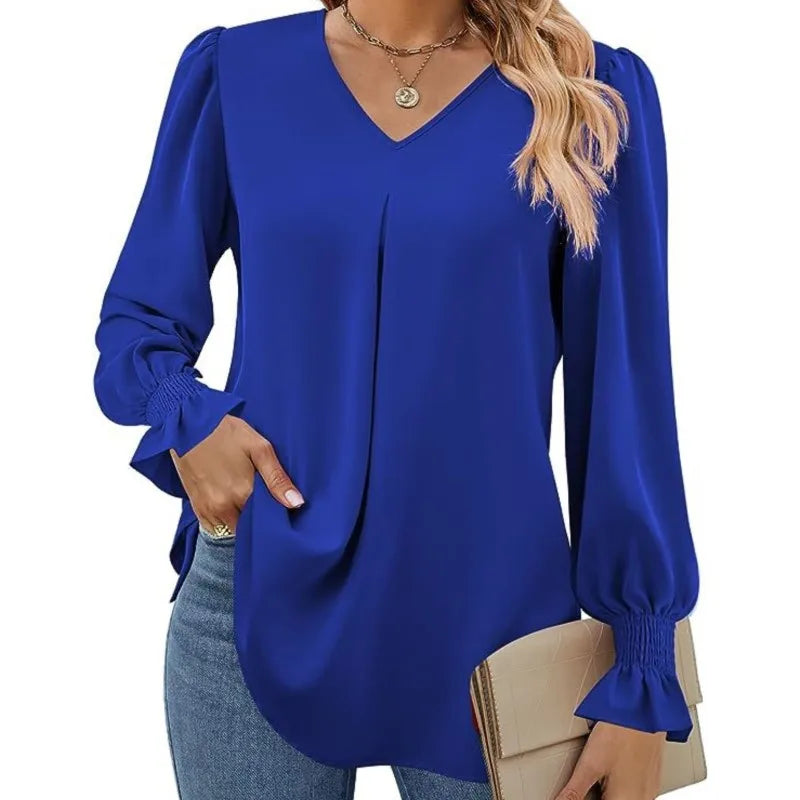 Women's New Solid Color Chiffon Shirt V-neck Pullover Flared Long