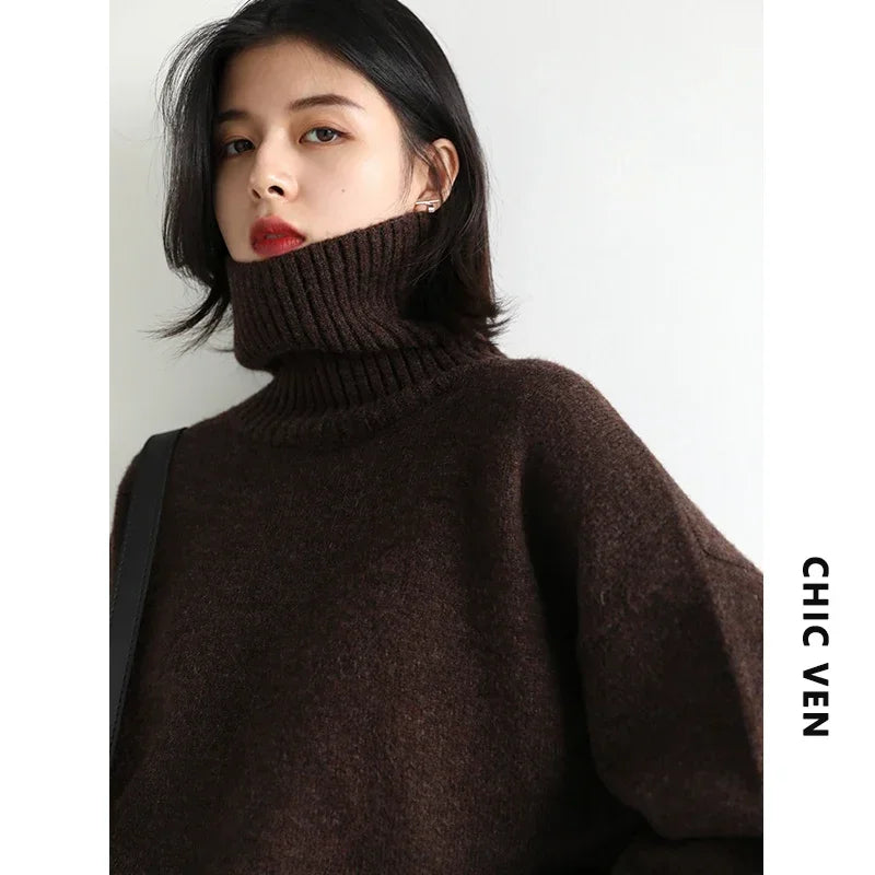 CHIC VEN Korean Women's Sweater Loose Turtleneck Sweaters Warm Solid