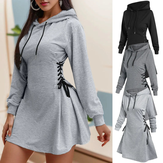 Women Tie Waist Mini Dress Hoodies V Neck Long Sleeves Slim Fit