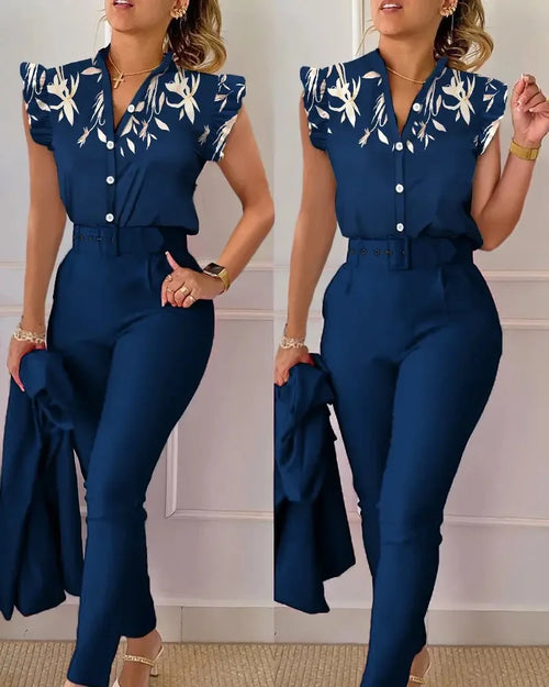 Womens Elegant Slim Two-Piece Sets Summer Fashion Print V Neck Button