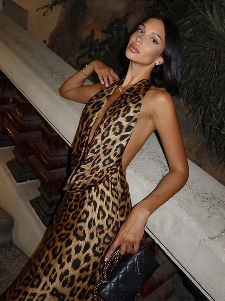 Women Elegant Leopard Print Lace-up Halter Dress Sexy Backless Deep