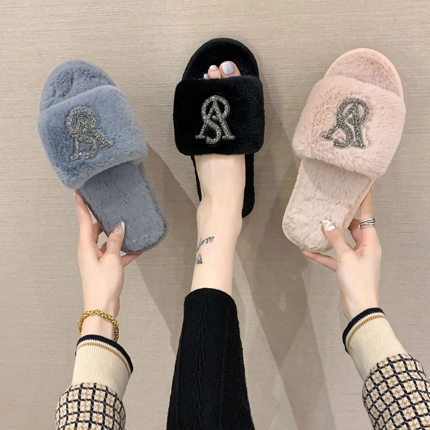 Hairy Cotton Slippers Women Autumn Winter New Warm Footwear Home