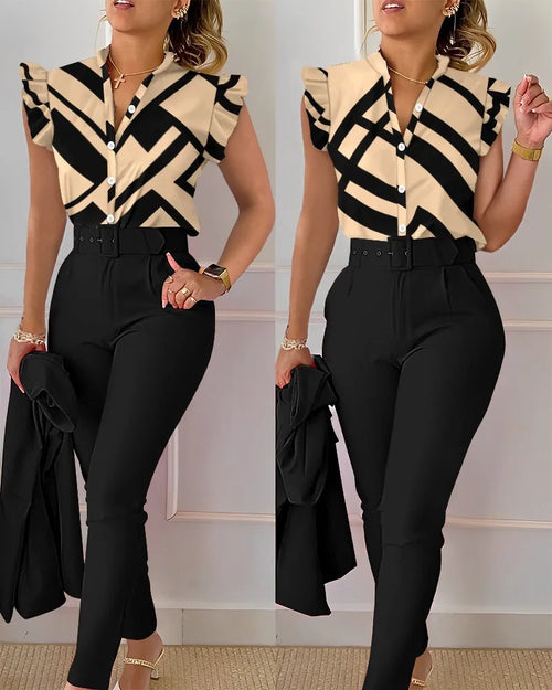 Womens Elegant Slim Two-Piece Sets Summer Fashion Print V Neck Button