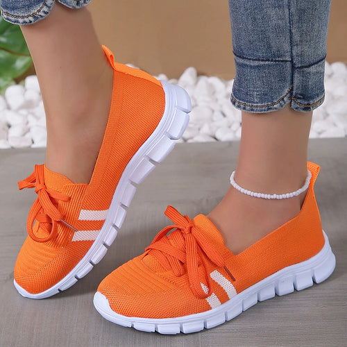 Breathable Knitted Striped Flats Shoes Women Casual Lace-Up Soft Sole