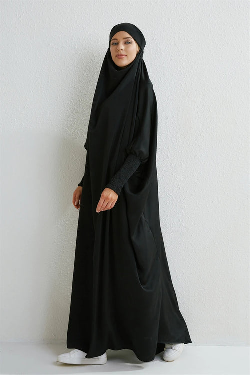 Muslim Abaya Hooded Smocking Sleeve One-piece Prayer Dress Women