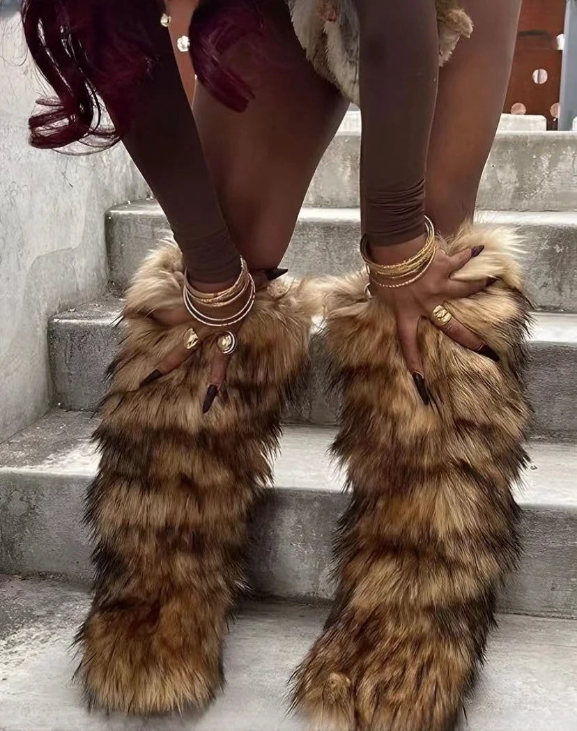 Winter Thigh High Fluffy Boots Ladies Furry Faux Fox Fur