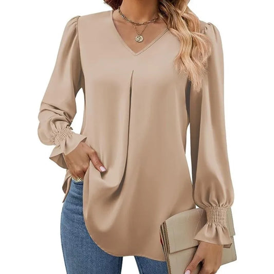 Women's New Solid Color Chiffon Shirt V-neck Pullover Flared Long