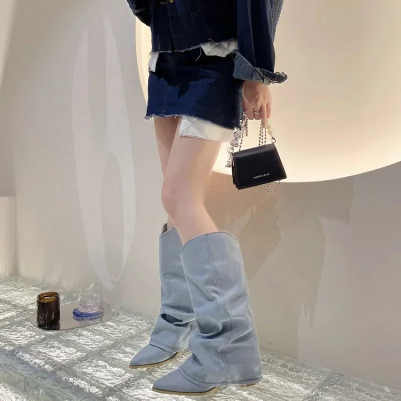 Women Pleats Blue Denim Thigh High Boots Autumn New Thick Heeled