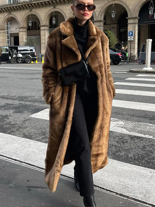 Women's Thick Brown Faux Fur Long Overcoat Fashion Fleece Warm Long