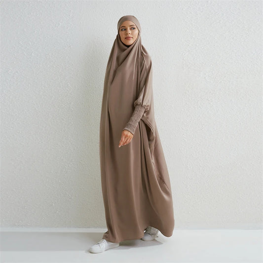 Muslim Abaya Hooded Smocking Sleeve One-piece Prayer Dress Women