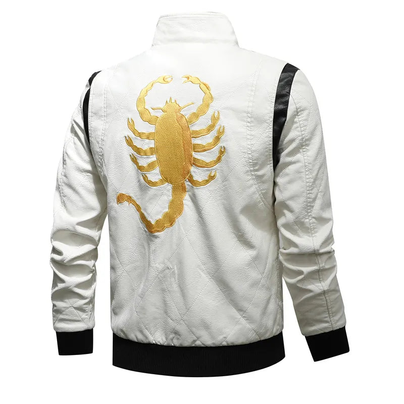 Autumn Winter Bomber Leather Jacket Men Scorpion Embroidery Hooded