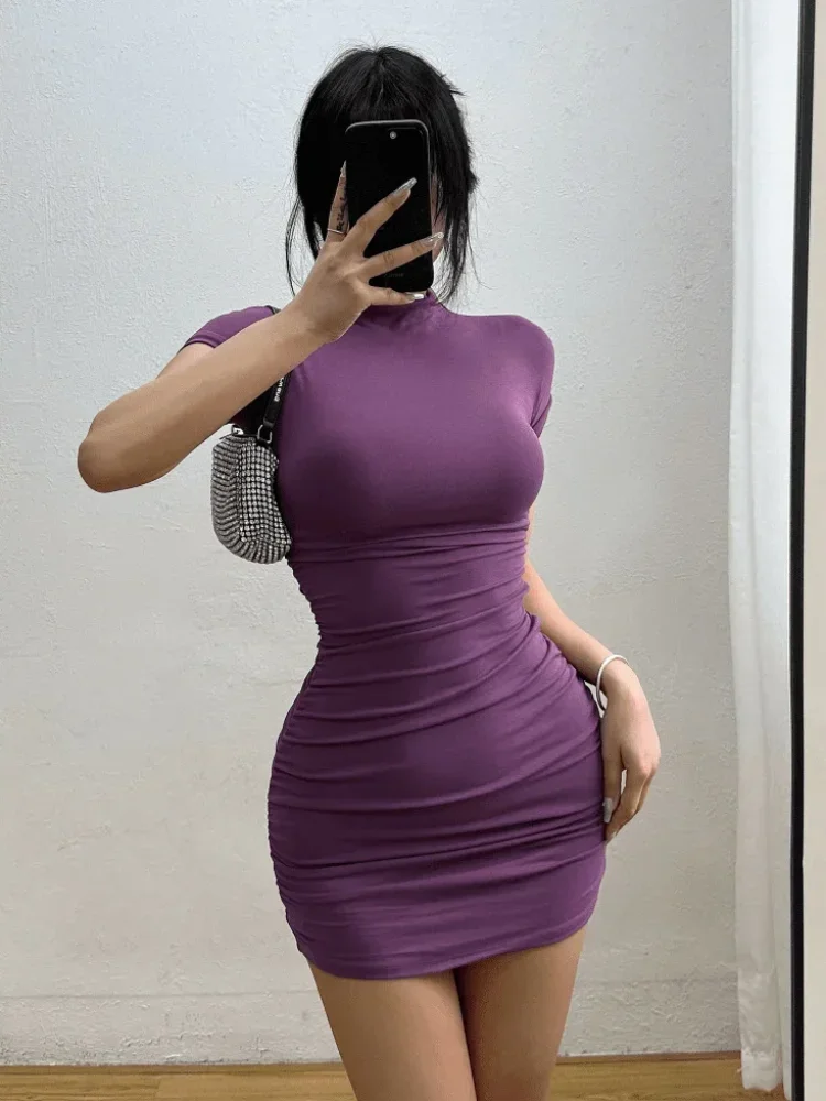 Sexy Tight Half High Collar Pleated Waist Mini Dress Spicy Girls Slim