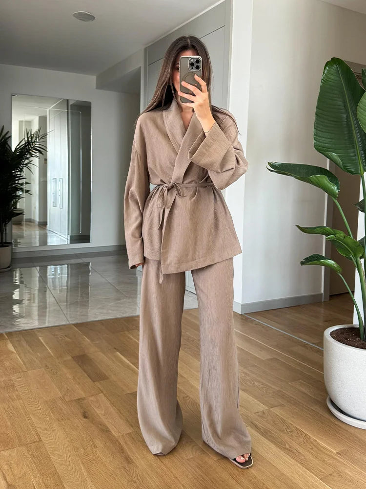 Pants Suit Solid Khaki Drawstring Long