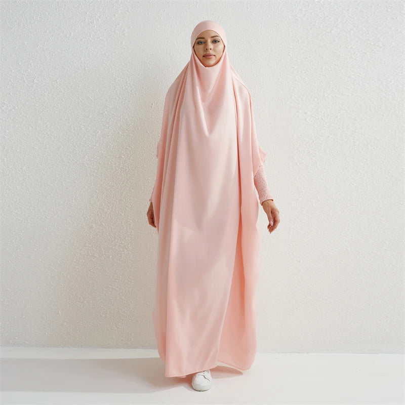 Muslim Abaya Hooded Smocking Sleeve One-piece Prayer Dress Women