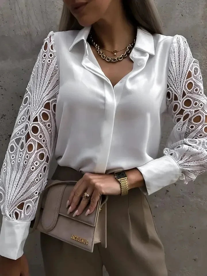 White Sexy Lace Hollow out Women Blouse Autumn Spring Black Top