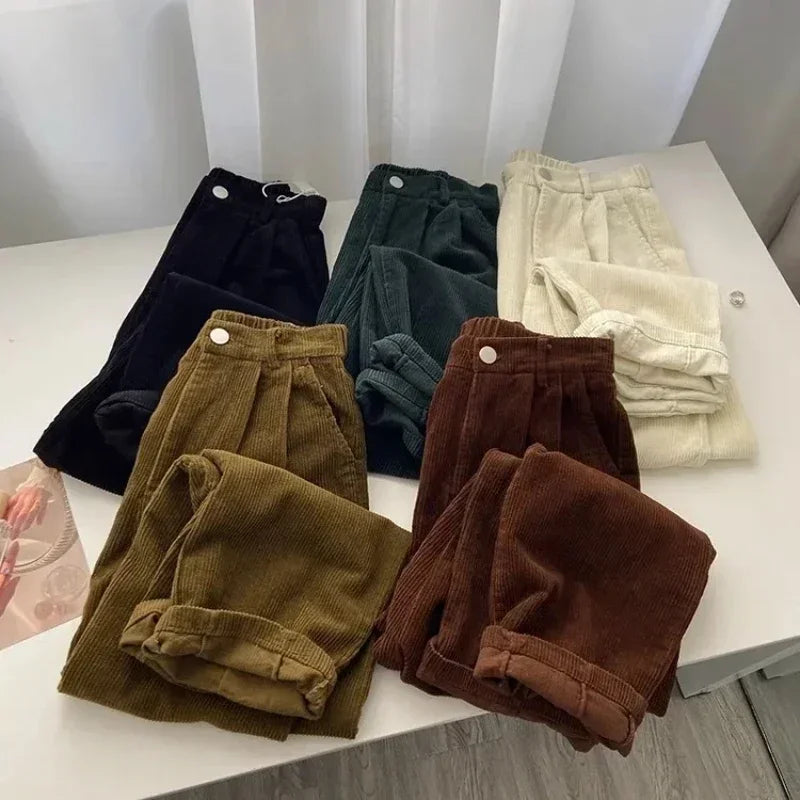 Winter Retro High Waist Corduroy Pants Women Causal Thick Warm Full