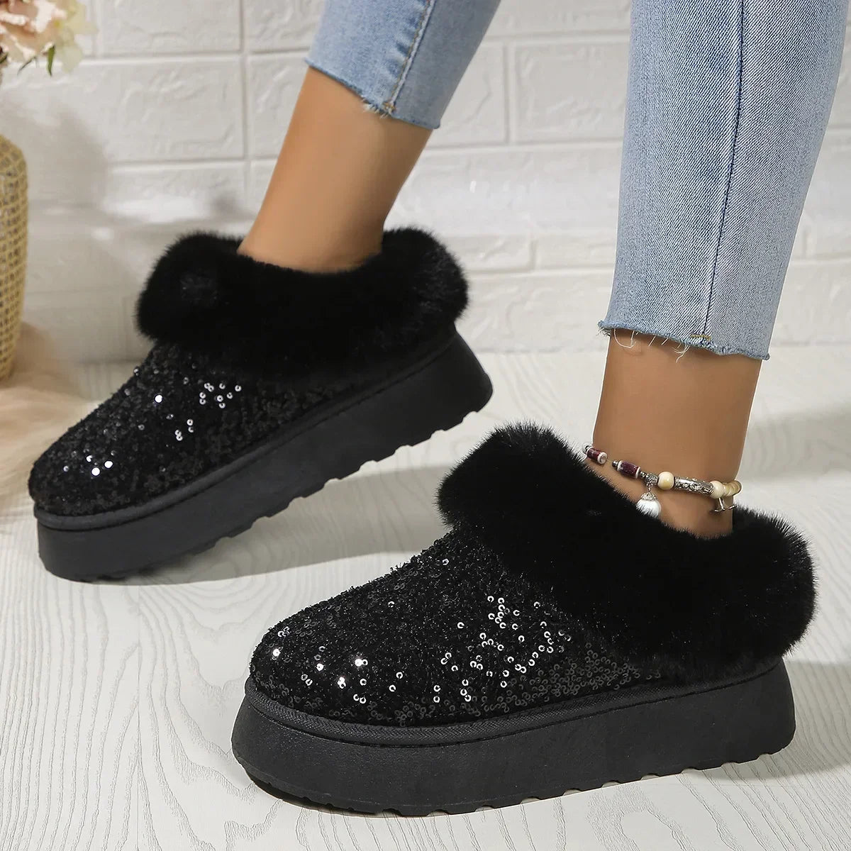 Ankle Snow Boots Women  New Fashion Shiny Fur Short Plush