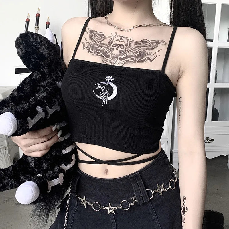 Gothic Women's Print Suspender Sleeveless Square Neck Slim Crop Top