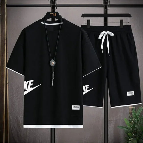 Summer Men's Waffle Sets Casual T-Shirt And Shorts Set Male Sports