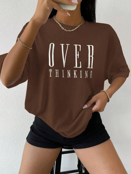 Over Thinking Letter Print Women Cotton Short Sleeve Breathable