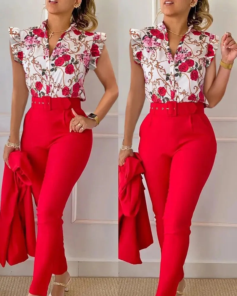 Summer Women's Flower Print Lotus Leaf Sleeve High Waist Pants Set