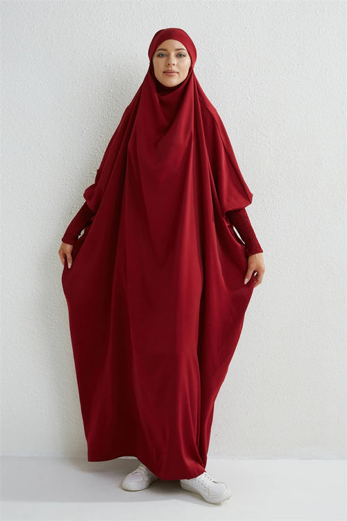 Muslim Abaya Hooded Smocking Sleeve One-piece Prayer Dress Women