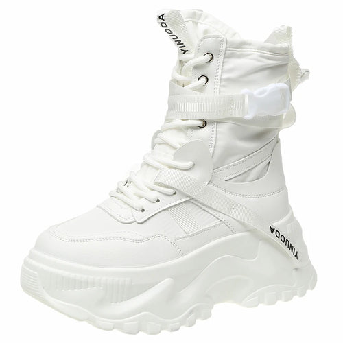 White Chunky Platform Motorcycle Boots Women Buckle Lace Up Thick