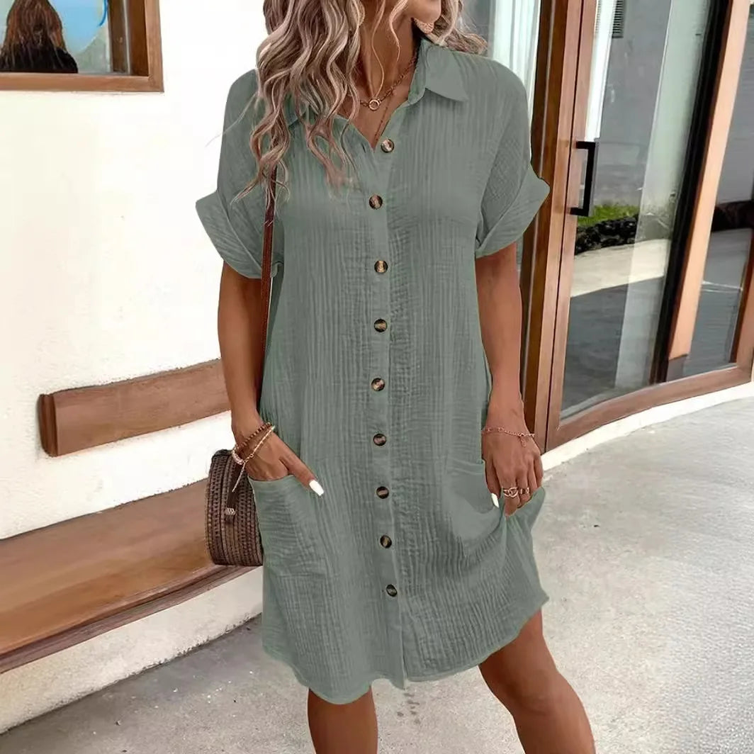 Women's Fashion Summer Minimalist V-neck Button Up Dress Woman Cotton