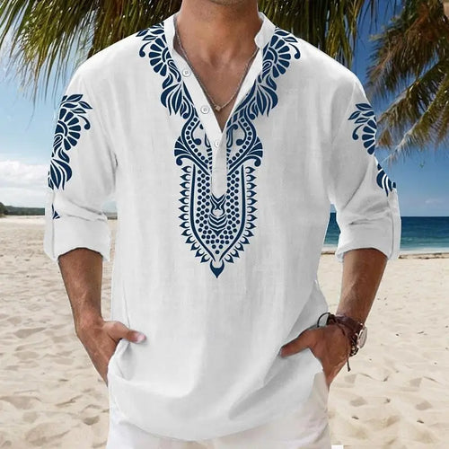 Autumn Henley Shirts Ethnic Style 3D Print Tops Blouse Men's Casual