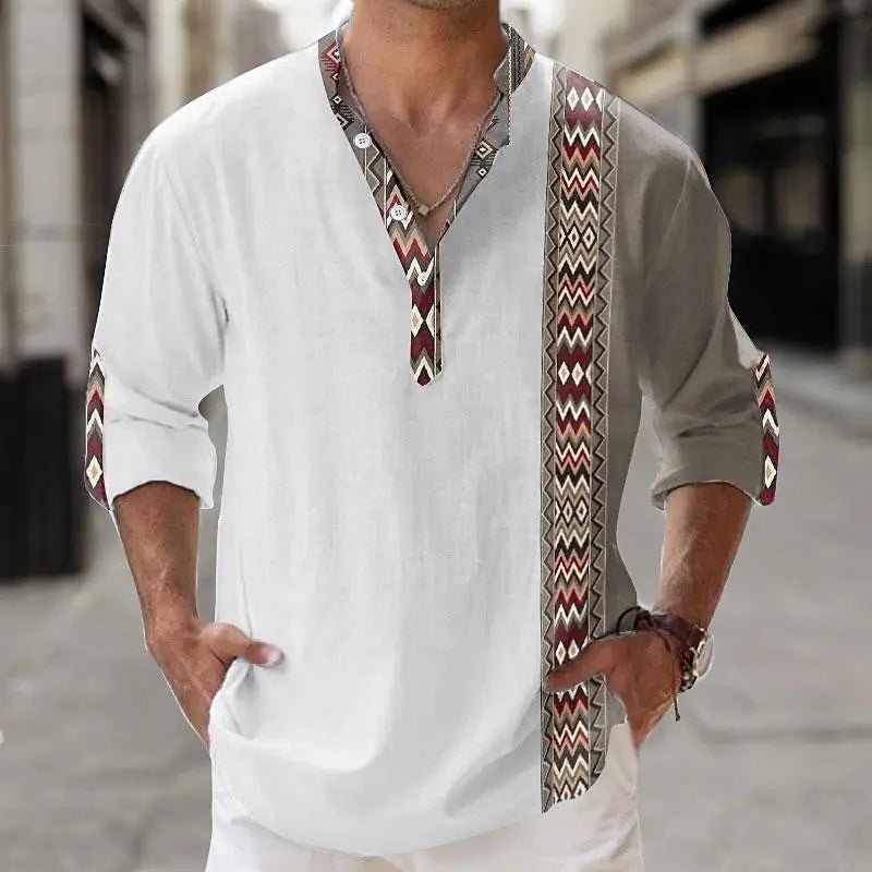 Autumn Henley Shirts Ethnic Style 3D Print Tops Blouse Men's Casual