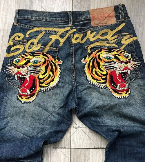 Printed street jeans men's Y2K hip-hop high-waisted straight retro