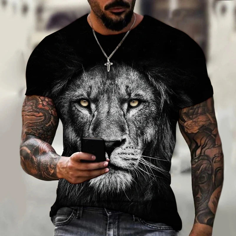 Summer Men's Round Neck T-shirt Fashion 3D Printing Lion Pattern