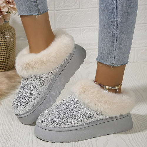 Ankle Snow Boots Women  New Fashion Shiny Fur Short Plush