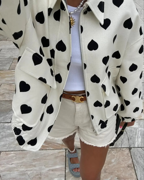 Women Elegant Black Polka Hearts Bomber Jacket Fashion Long Sleeve