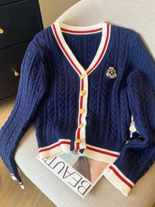 Preppy Style Cashmere Top Women V-Neck Pullover Warm Knitwear Jumper