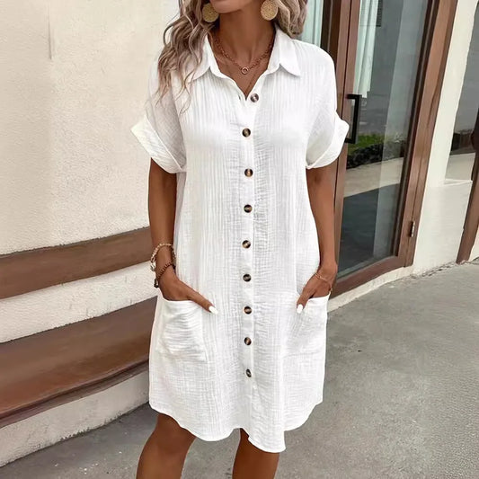 Women's Fashion Summer Minimalist V-neck Button Up Dress Woman Cotton