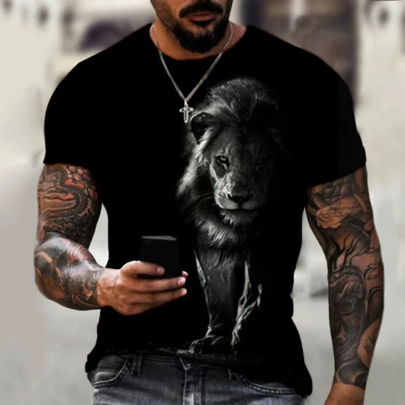 Summer Men's Round Neck T-shirt Fashion 3D Printing Lion Pattern