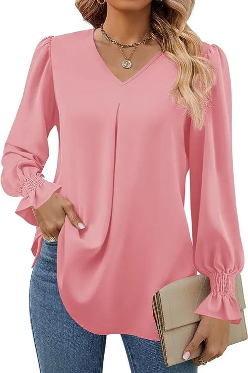 Women's New Solid Color Chiffon Shirt V-neck Pullover Flared Long