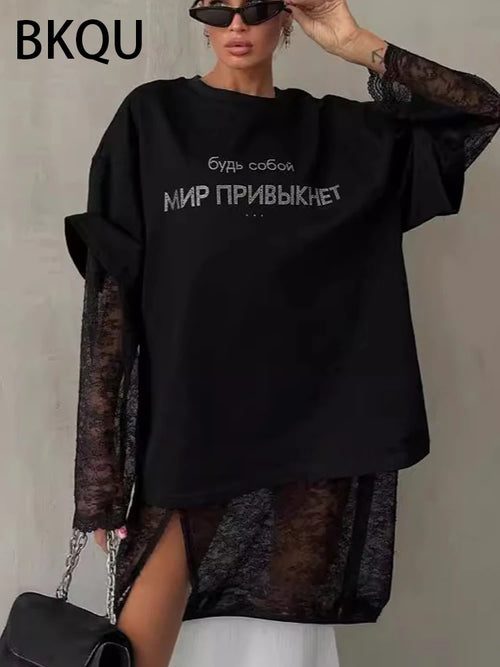 Rhinestone Loose T-Shirt  Irregular Short Sleeve