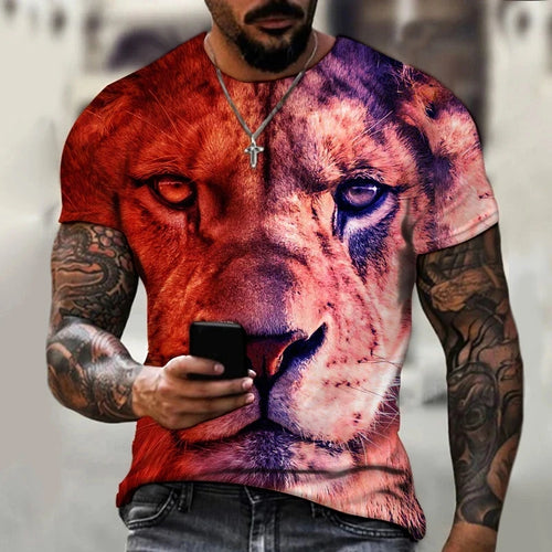 Summer Men's Round Neck T-shirt Fashion 3D Printing Lion Pattern