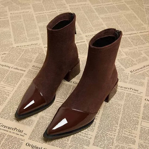 Ankle Boots Women Chunky Mid Heels Suede Shoes Woman Pointed Toe