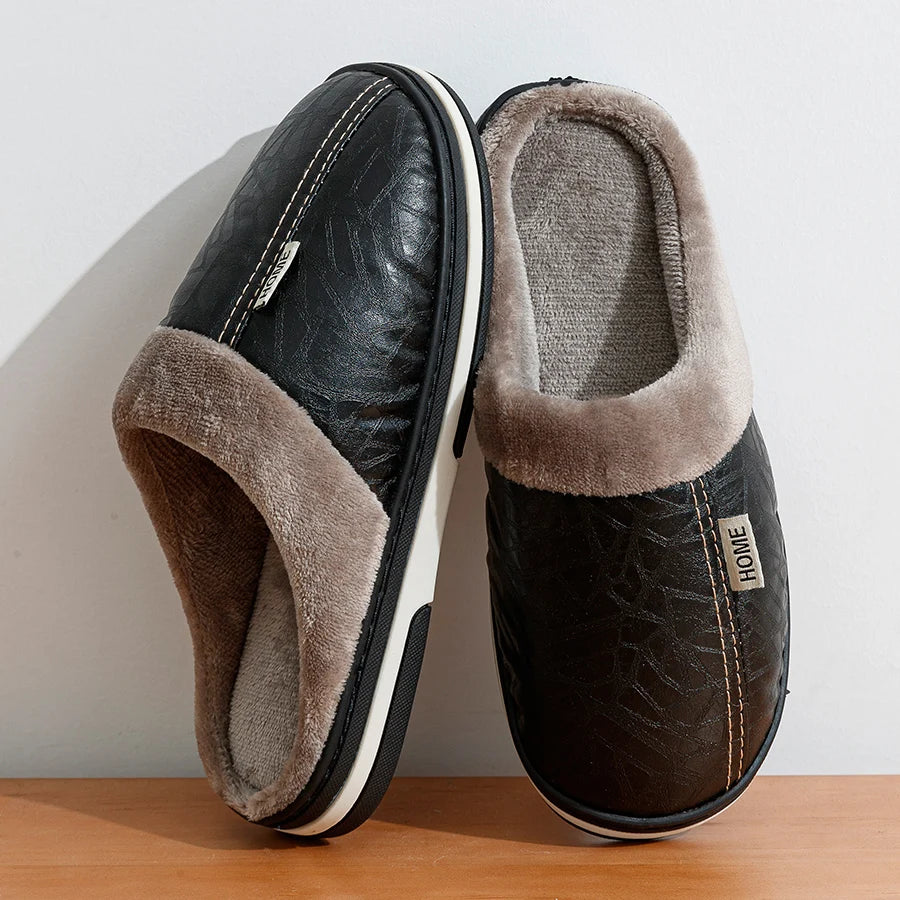 Men's slippers Winter Big Size Indoor Waterproof PU Leather Large