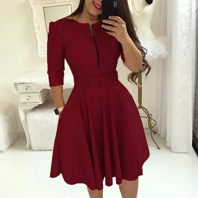 Fashion Women Patchwork A-line Dresses Autumn/Winter Round Neck