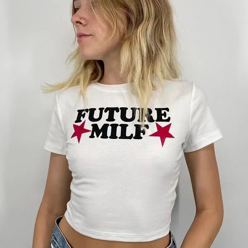 90s FUTURE MILF Stars Print T-shirts Fashion Casual O Neck Short