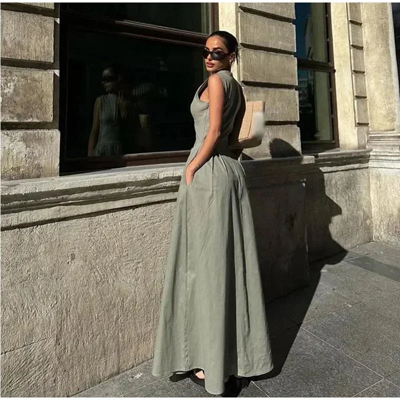 Sleeveless Spliced Zipper Maxi Summer Dress Women Elegant High Waist