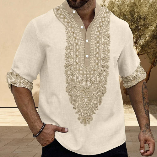 Autumn Henley Shirts Ethnic Style 3D Print Tops Blouse Men's Casual