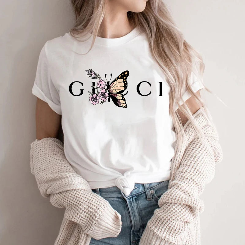 High Quality Women's Cotton T Shirt Letter Printed Daily Blouse Tops